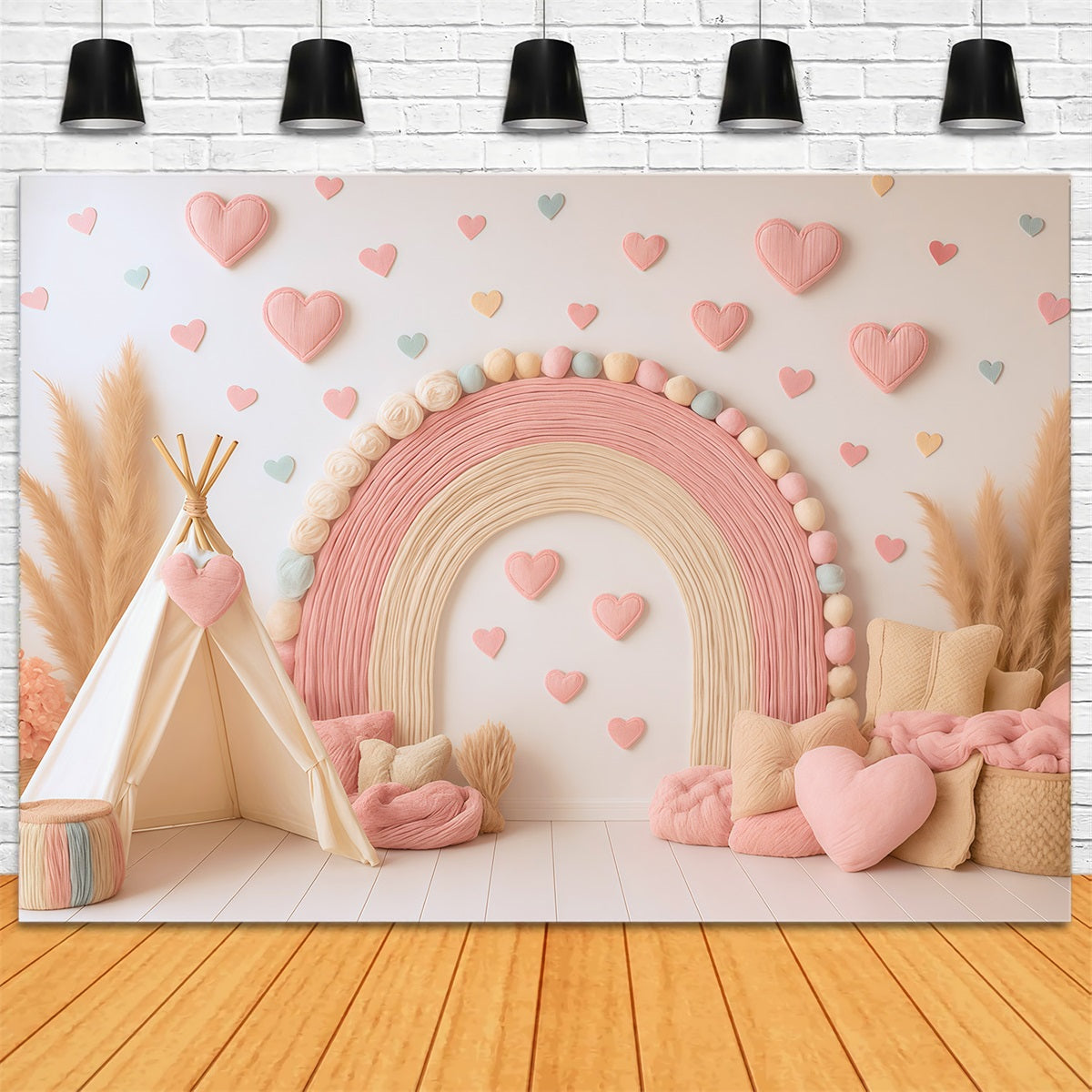 Boho-Regenbogen-Fotohintergrund Rosa Regenbogen-Herz-Dekoration Fotohintergründe für Kinder MRR9-11