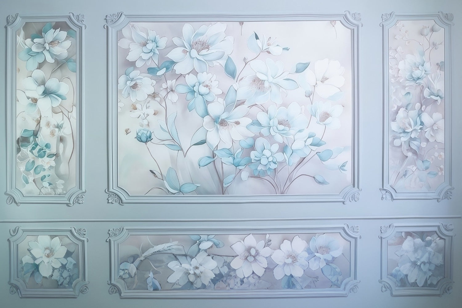 Blumenwand-Fotohintergrund Blau-weiße Blumenwandpaneele Vintage-Fotohintergrund MRR9-110