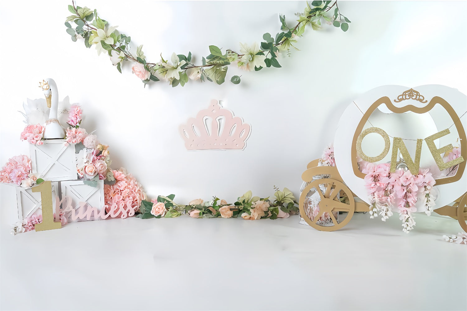Cake Smash-Fotohintergrund Prinzessin Schwanenkutsche Fotohintergrund für den 1. Geburtstag MRR9-119