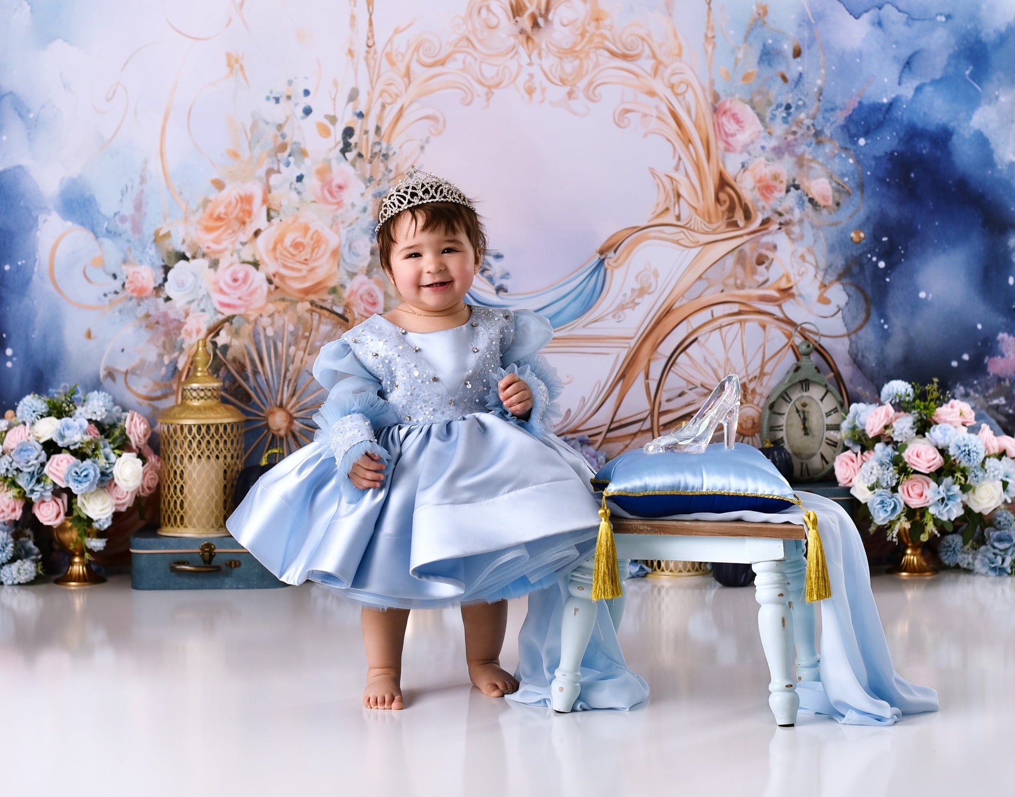 Neugeborenen-Foto-Fotohintergrund Goldene Kutsche Blumen-Fantasie Kinder-Fotohintergrund MRR9-18