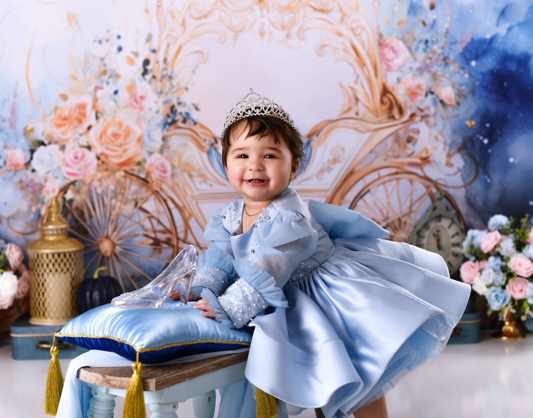 Neugeborenen-Foto-Fotohintergrund Goldene Kutsche Blumen-Fantasie Kinder-Fotohintergrund MRR9-18