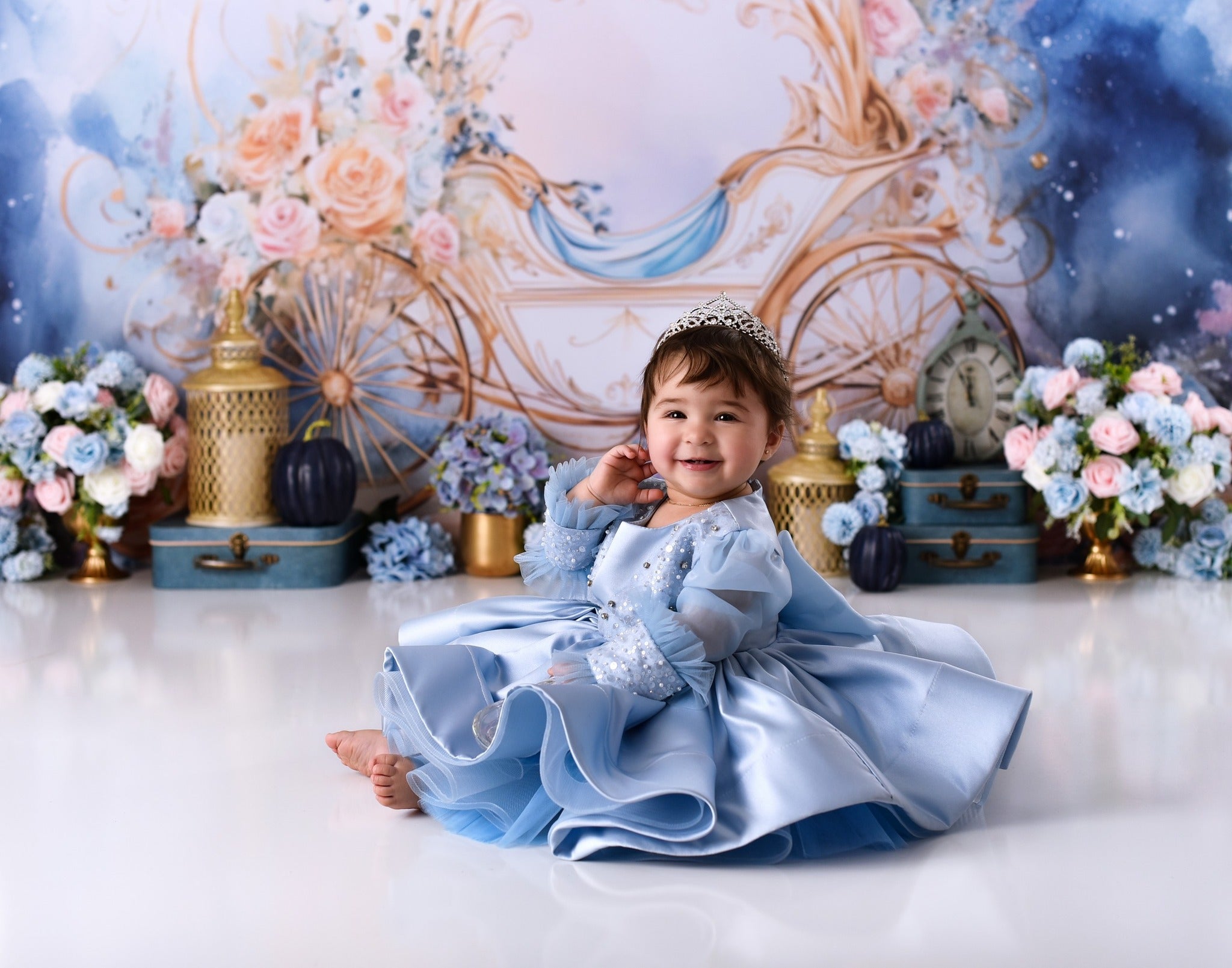 Neugeborenen-Foto-Fotohintergrund Goldene Kutsche Blumen-Fantasie Kinder-Fotohintergrund MRR9-18