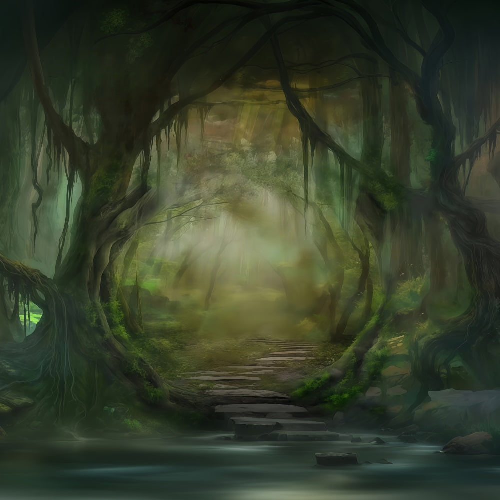 Wald-Fotohintergrund Nebliger verzauberter Waldweg Wald-Foto-Fotohintergrund MRR9-22