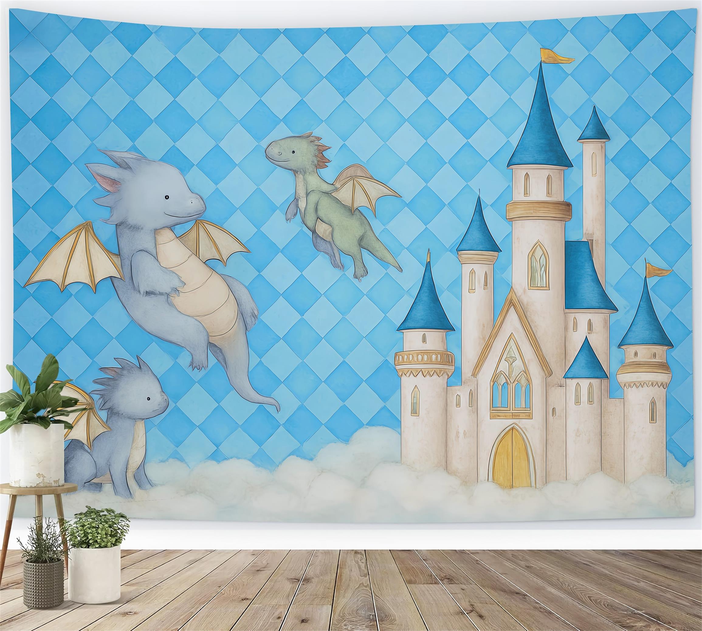 Fotohintergrund Schloss Fliegende Drachen Blaues Schloss Wolken Fotohintergrund für Neugeborenenfotografie MRR9-44