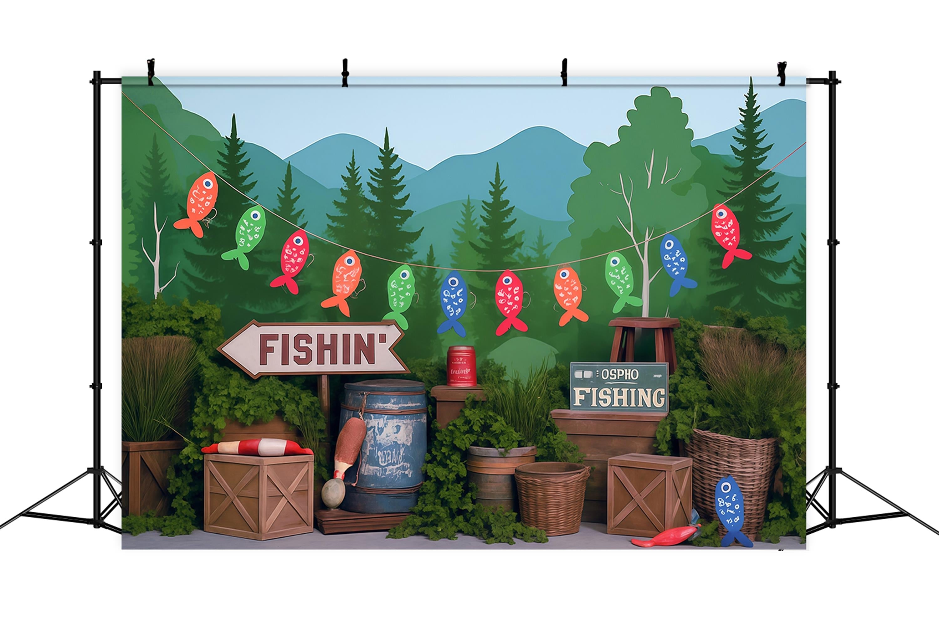 Wald-Fotohintergrund Seeufer Wald Angeln Party-Dekoration Kinder-Fotohintergrund MRR9-49