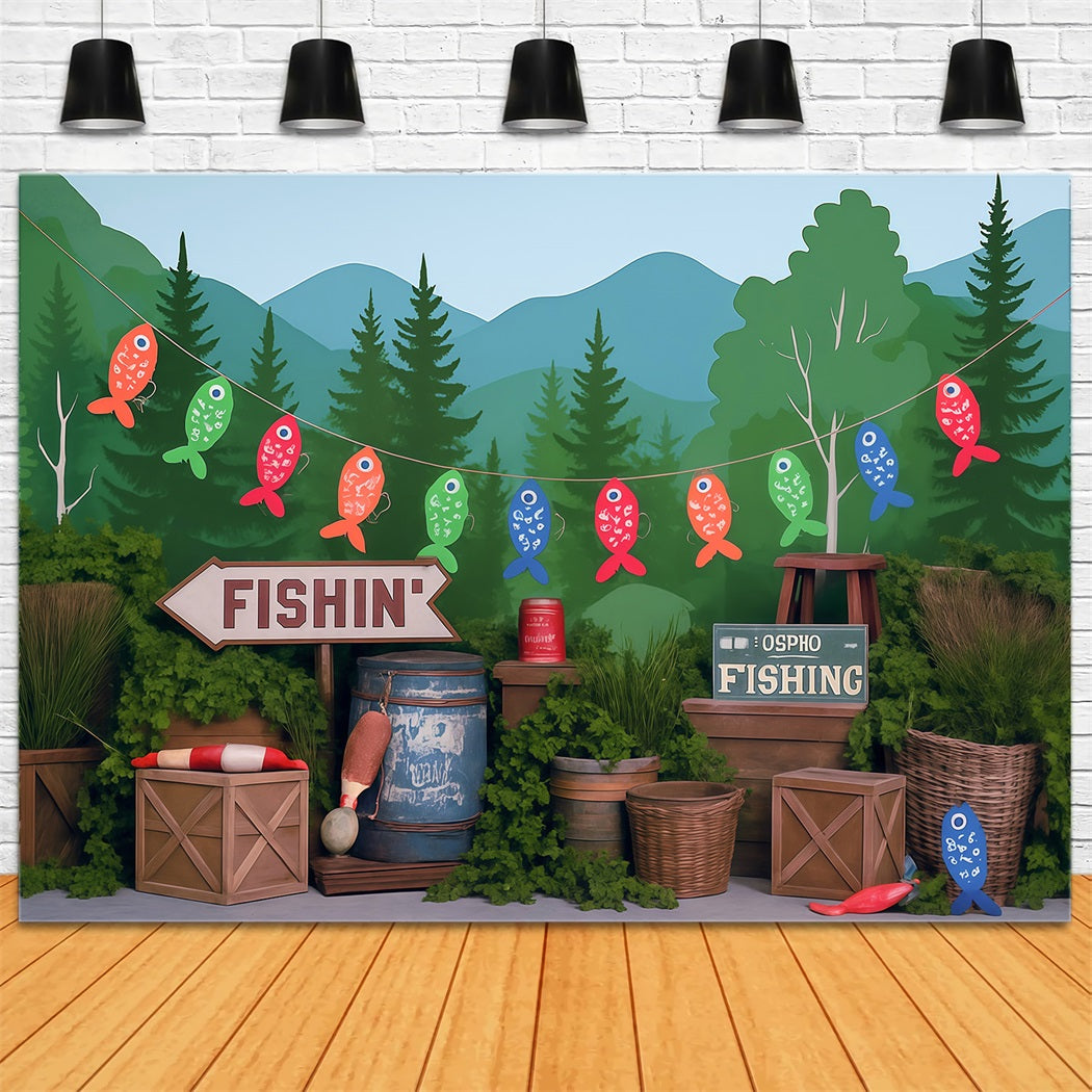 Wald-Fotohintergrund Seeufer Wald Angeln Party-Dekoration Kinder-Fotohintergrund MRR9-49