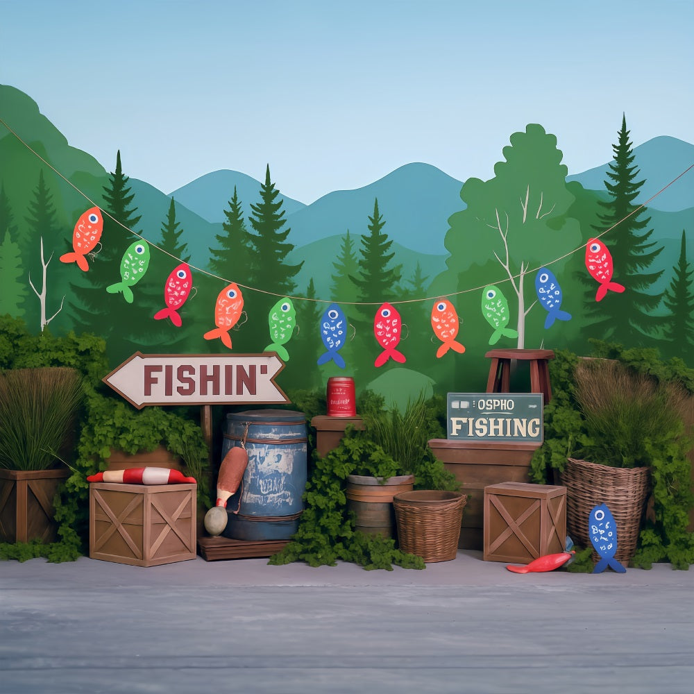 Wald-Fotohintergrund Seeufer Wald Angeln Party-Dekoration Kinder-Fotohintergrund MRR9-49