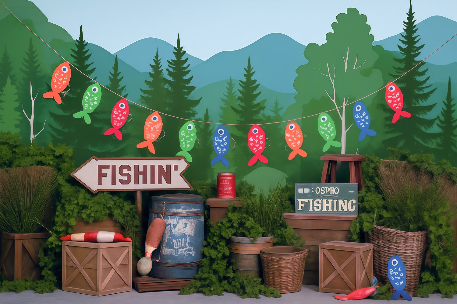 Wald-Fotohintergrund Seeufer Wald Angeln Party-Dekoration Kinder-Fotohintergrund MRR9-49