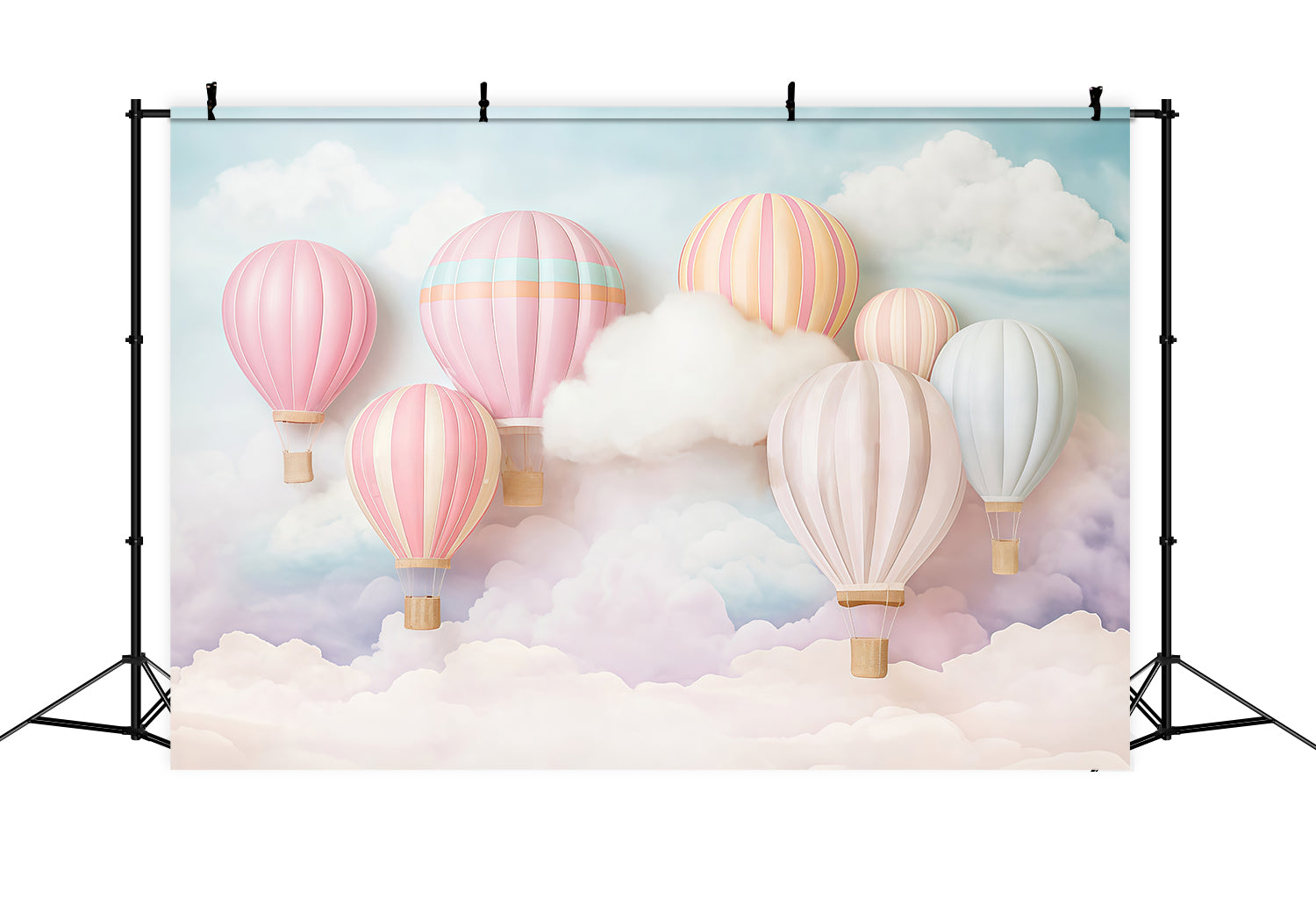 Fotohintergrund mit Wolkenhimmel Pastellfarbene Heißluftballons Fotohintergrund Kinderhintergründe MRR9-51