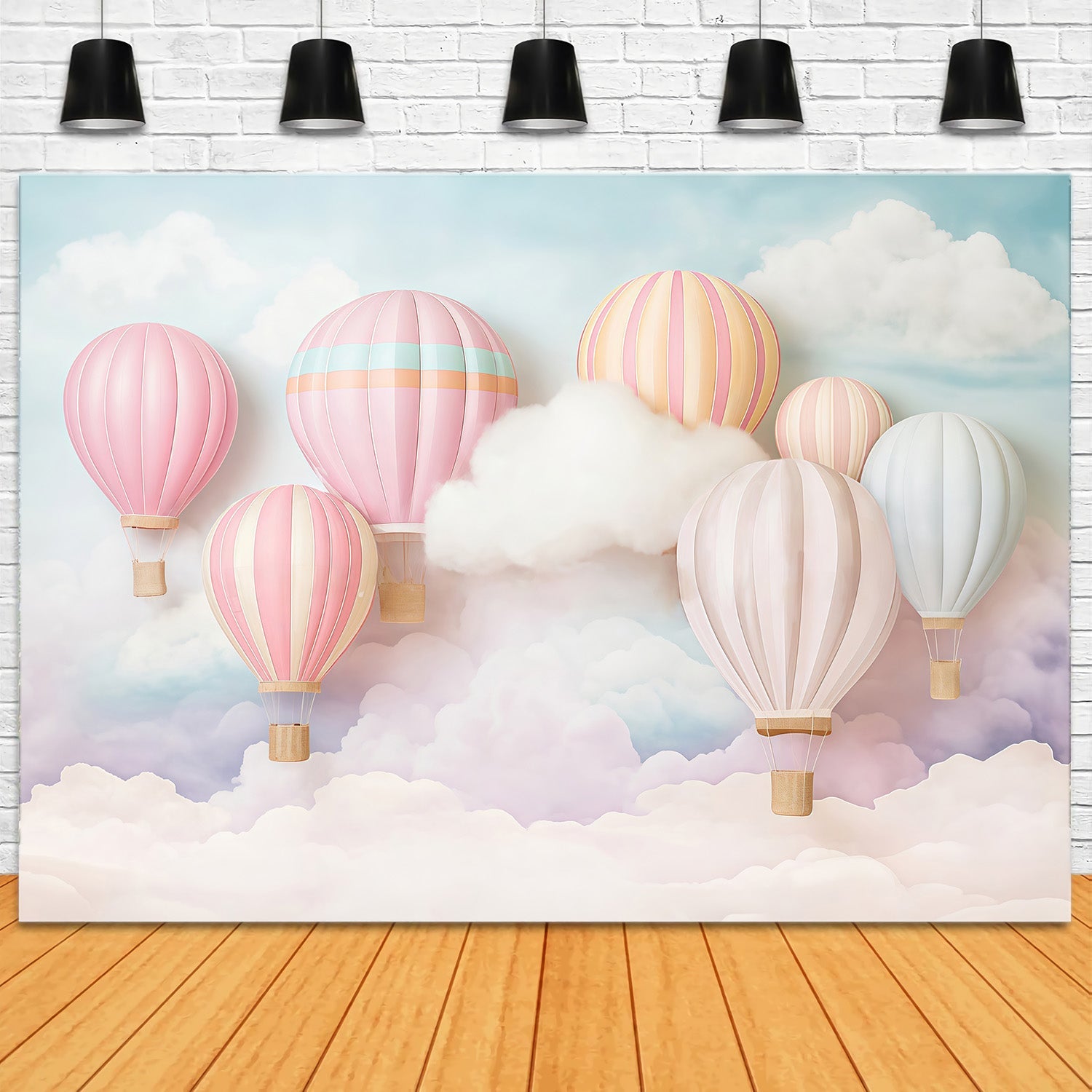 Fotohintergrund mit Wolkenhimmel Pastellfarbene Heißluftballons Fotohintergrund Kinderhintergründe MRR9-51