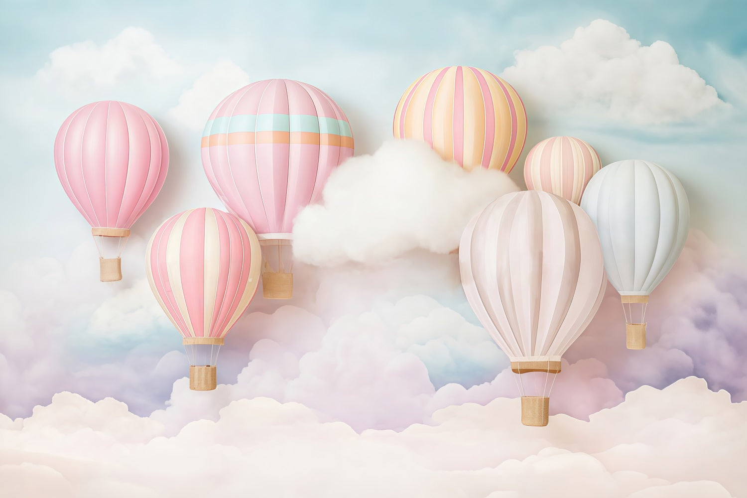 Fotohintergrund mit Wolkenhimmel Pastellfarbene Heißluftballons Fotohintergrund Kinderhintergründe MRR9-51