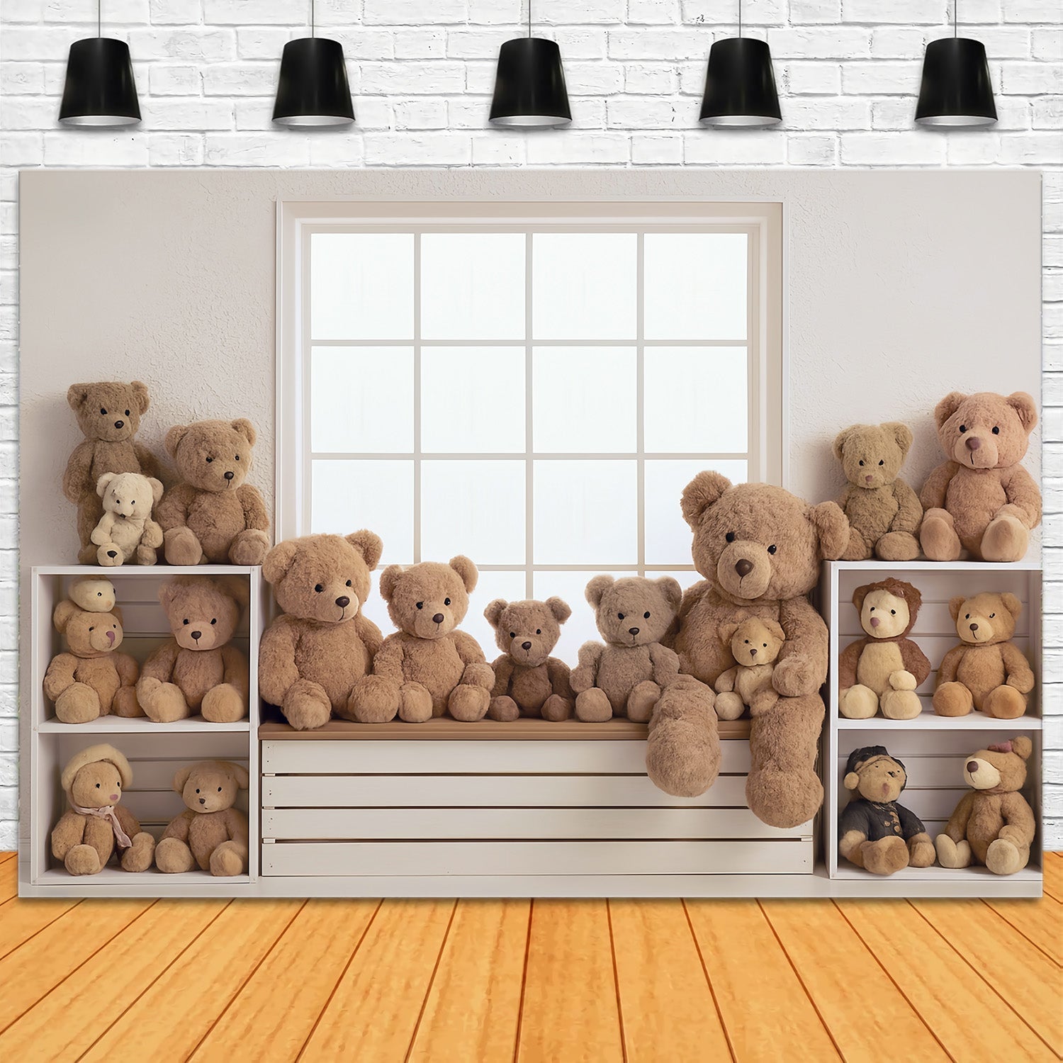 Kinderfotohintergrund Fensterbank Teddybären-Sammlung Kinderhintergründe MRR9-55