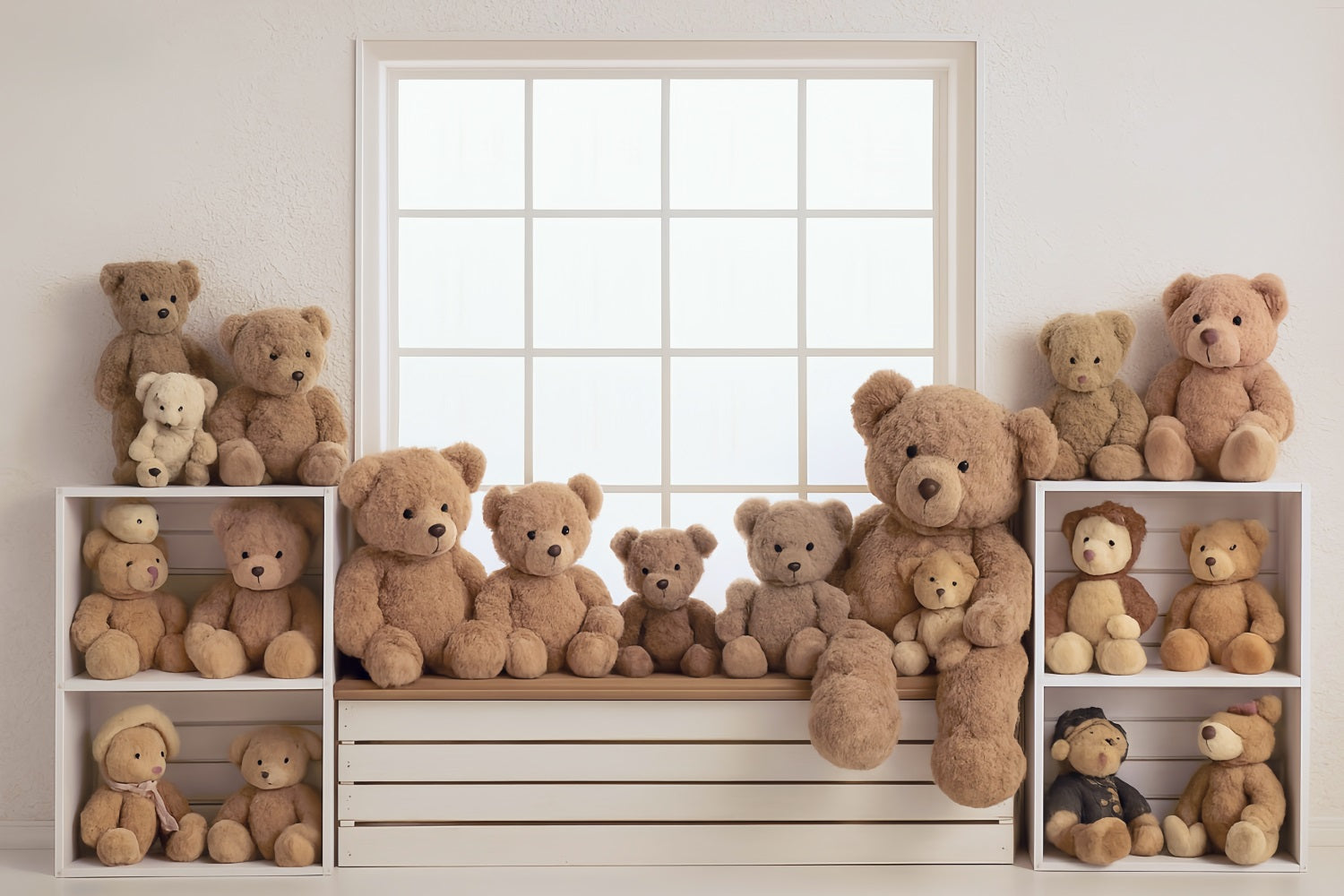 Kinderfotohintergrund Fensterbank Teddybären-Sammlung Kinderhintergründe MRR9-55