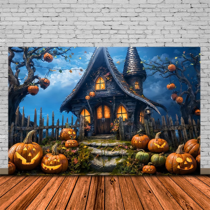 Halloween-Fotohintergrund Spukhaus mit Kürbissen Nacht Halloween-Fotohintergrund MRR9-68