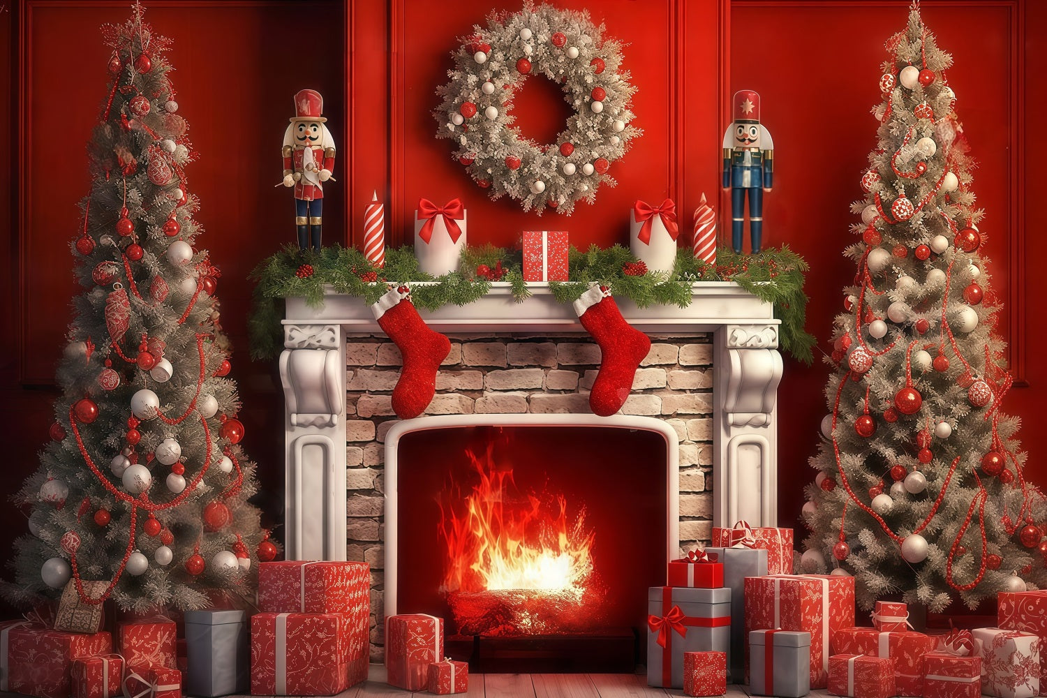 Nussknacker-Fotohintergrund Kamin Rot Vintage Wand Weihnachtshintergrund-Ideen MRR9-69
