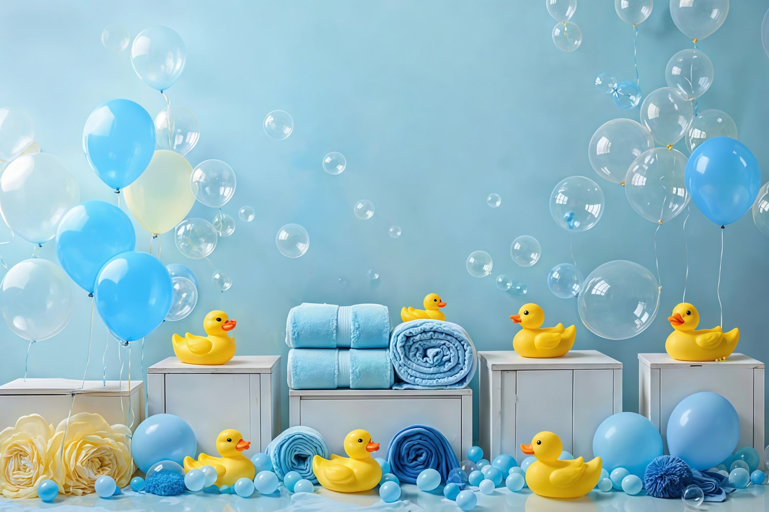 Kinder-Fotohintergrund Blaue Luftballons Gummienten Seifenblasen Fotohintergrund für Neugeborene MRR9-83