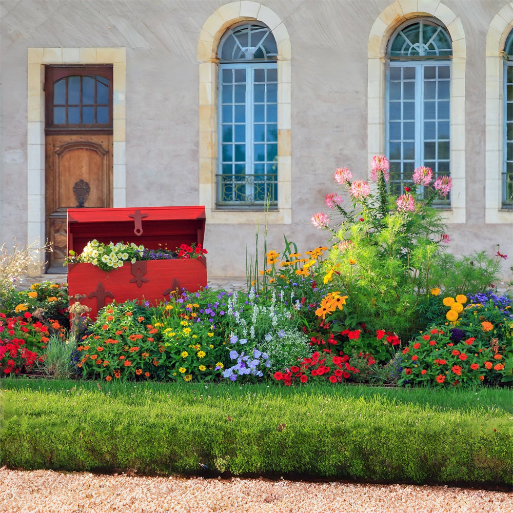 Frühling Stadthaus Garten Blumen Rasen Redwood Chest Backdrop RR3-17