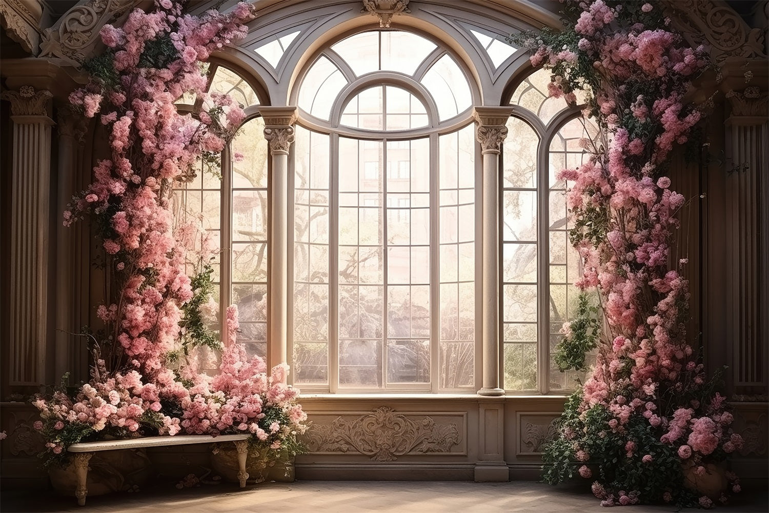DBackdrop Rosa Blumen Vintage Boden Fenster Gemütliche Szene Hintergrund RR3-33