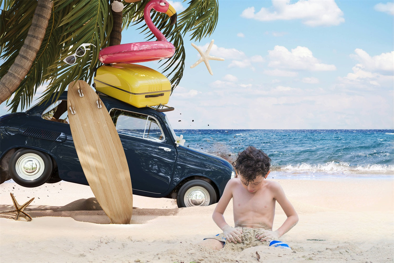 DBackdrop Sommer Strand Kokosnuss Baum Auto Flamingo Schwimmen Ring Hintergrund RR3-41