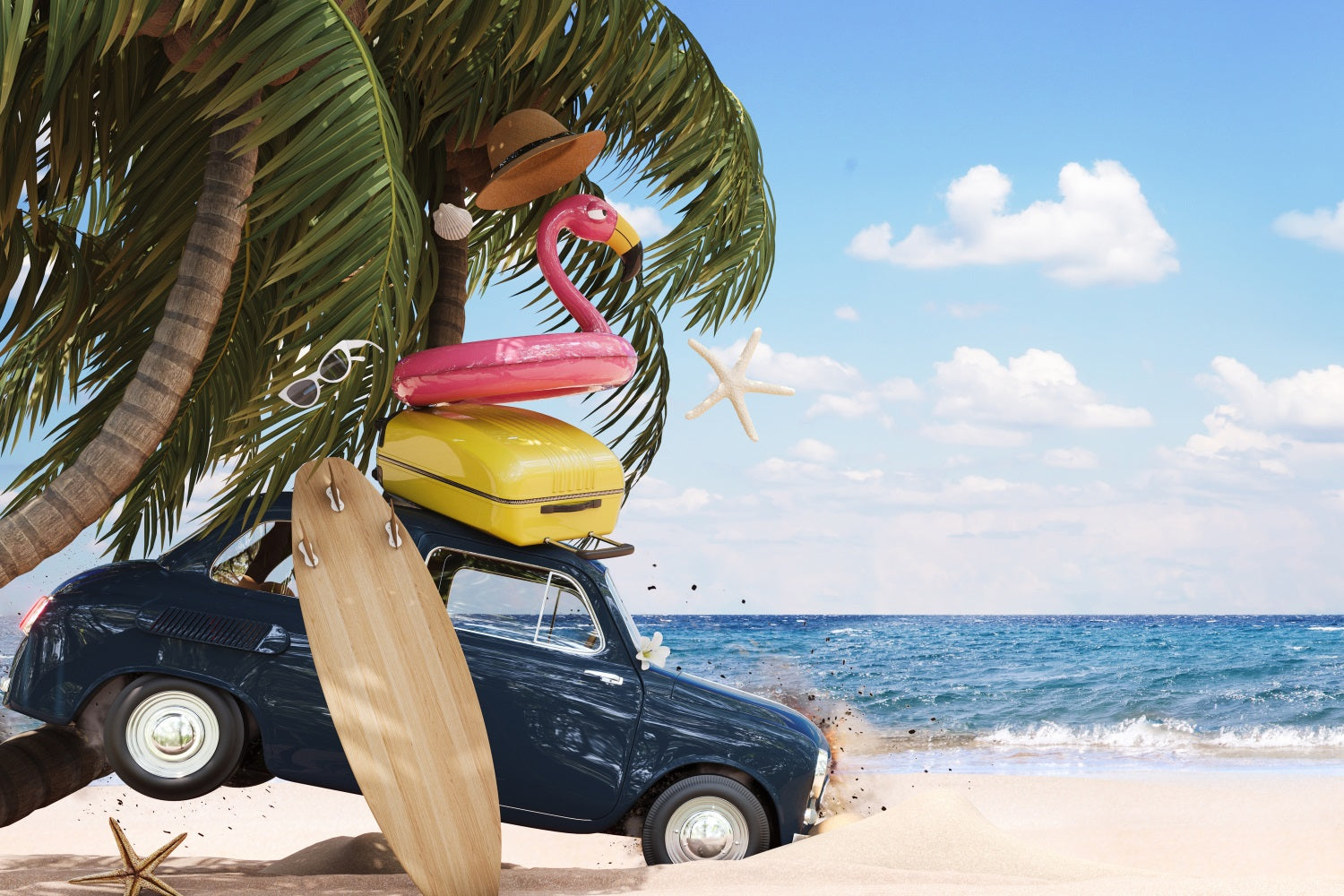 DBackdrop Sommer Strand Kokosnuss Baum Auto Flamingo Schwimmen Ring Hintergrund RR3-41