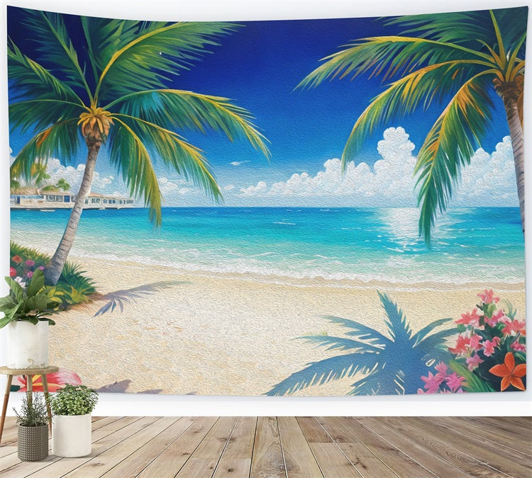 DBackdrop Sommer Ölgemälde Stil Kokosnuss Baum Blume Blau Meer Hintergrund RR3-44