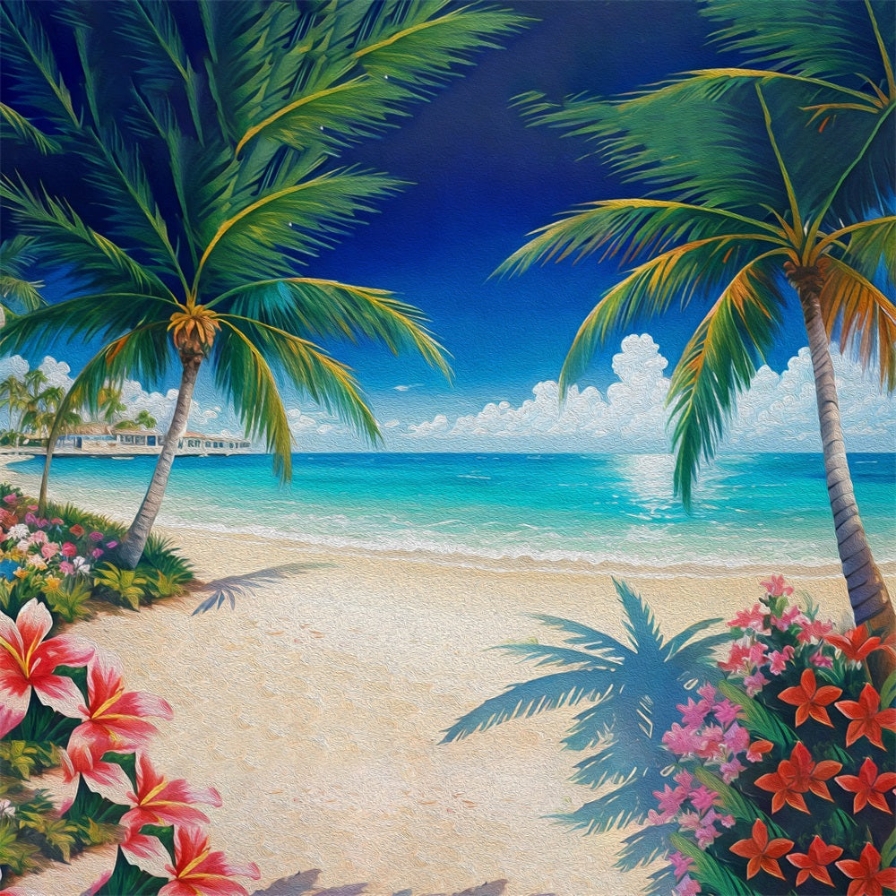 DBackdrop Sommer Ölgemälde Stil Kokosnuss Baum Blume Blau Meer Hintergrund RR3-44