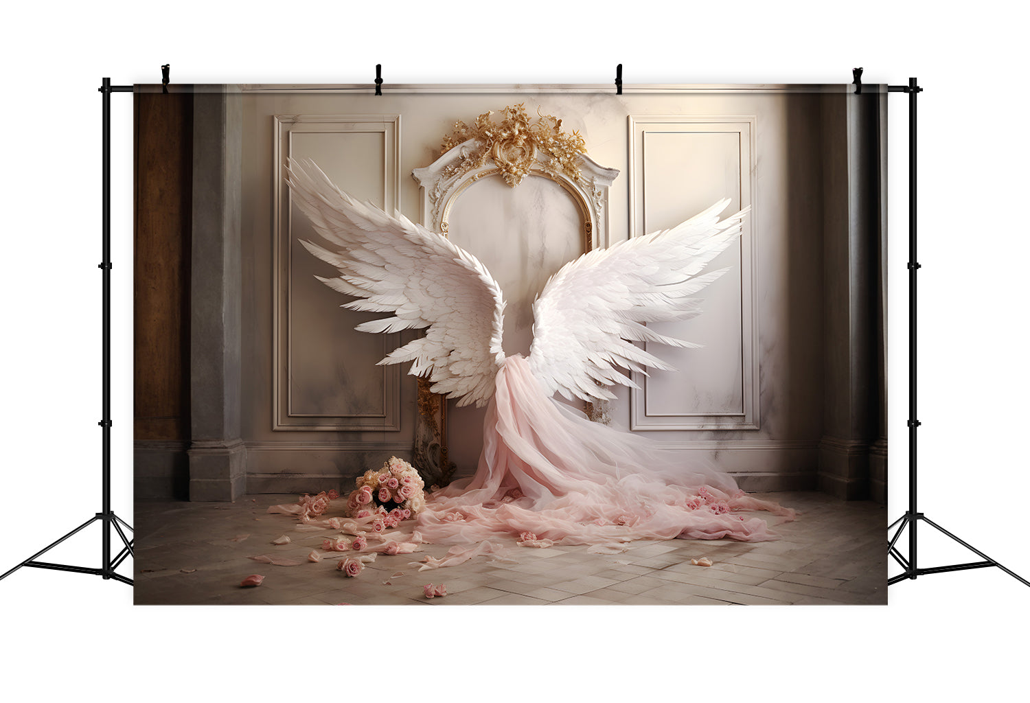 DBackdrop Vintage Wall Rosa Elegante Engelsflügel Tüll-Rose Backdrop RR4-19