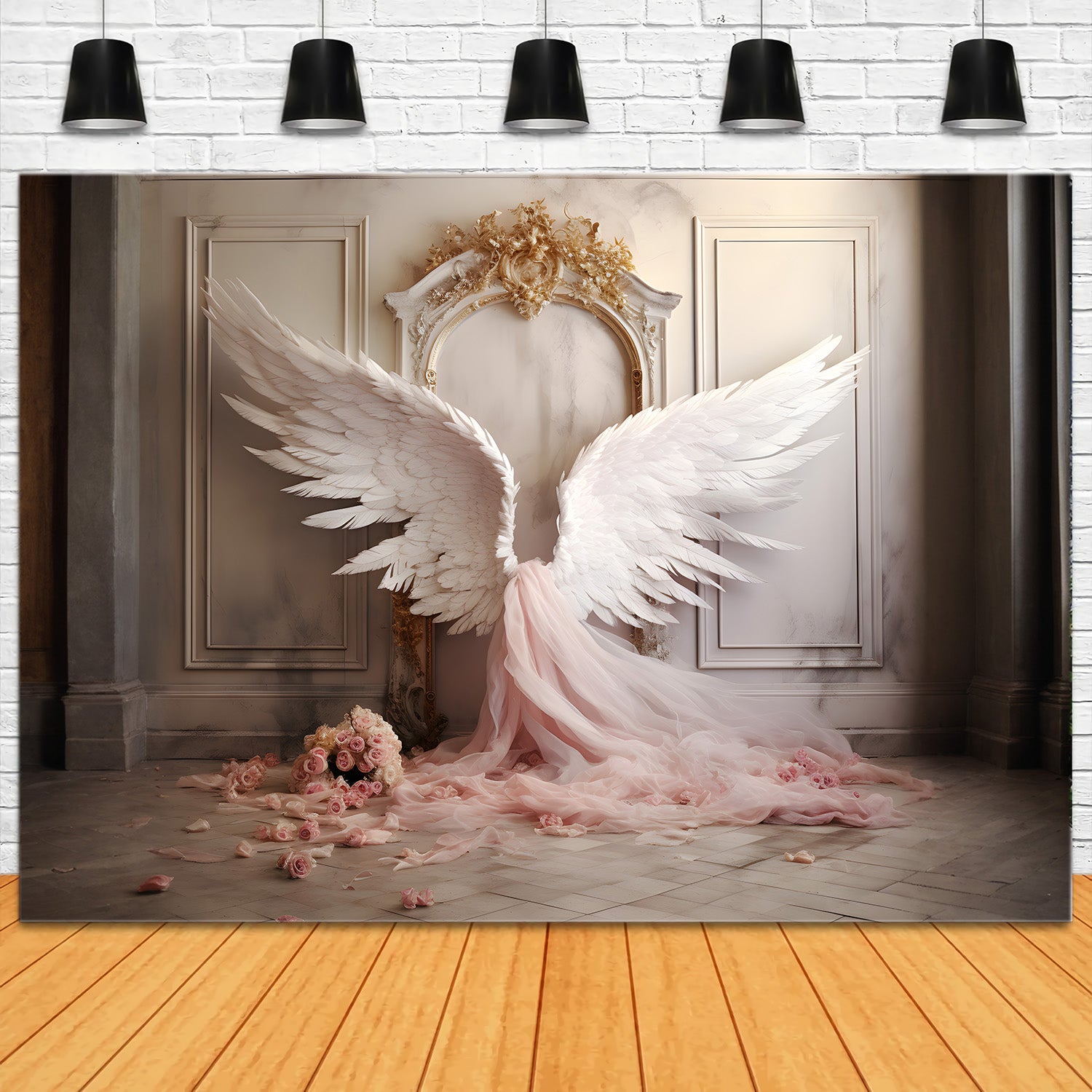 DBackdrop Vintage Wall Rosa Elegante Engelsflügel Tüll-Rose Backdrop RR4-19