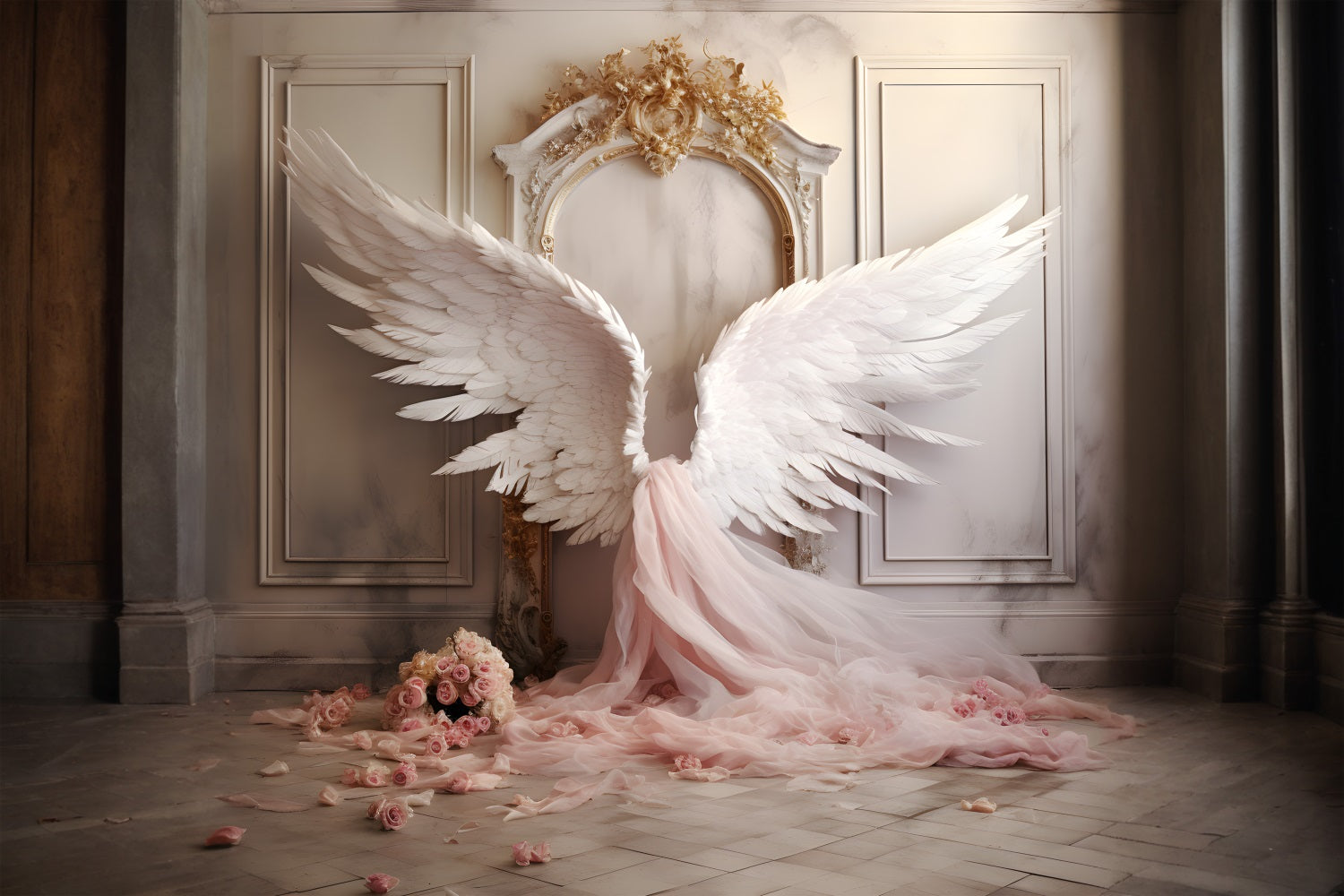 DBackdrop Vintage Wall Rosa Elegante Engelsflügel Tüll-Rose Backdrop RR4-19