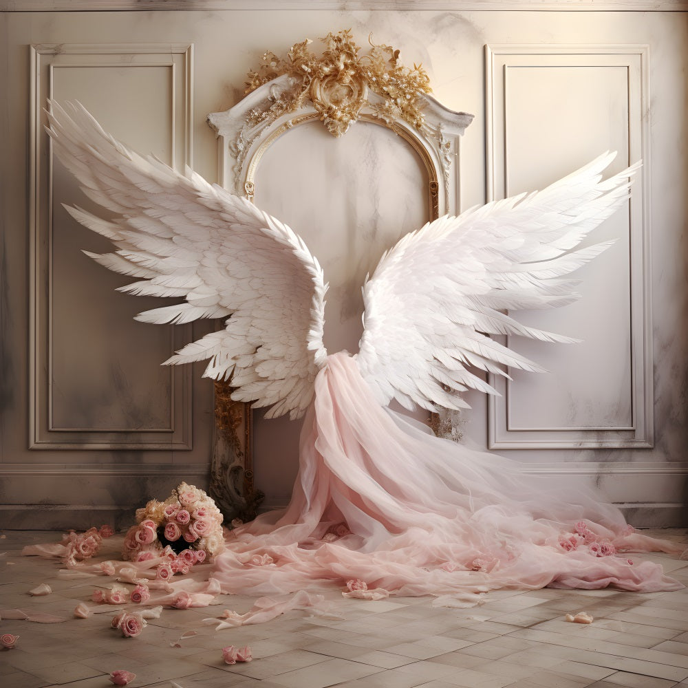 DBackdrop Vintage Wall Rosa Elegante Engelsflügel Tüll-Rose Backdrop RR4-19