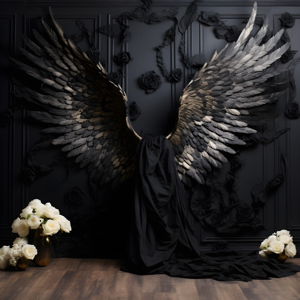 DBackdrop Schwarze Vintage Wall Schwarze geflügelte Rose Hintergrund RR4-31