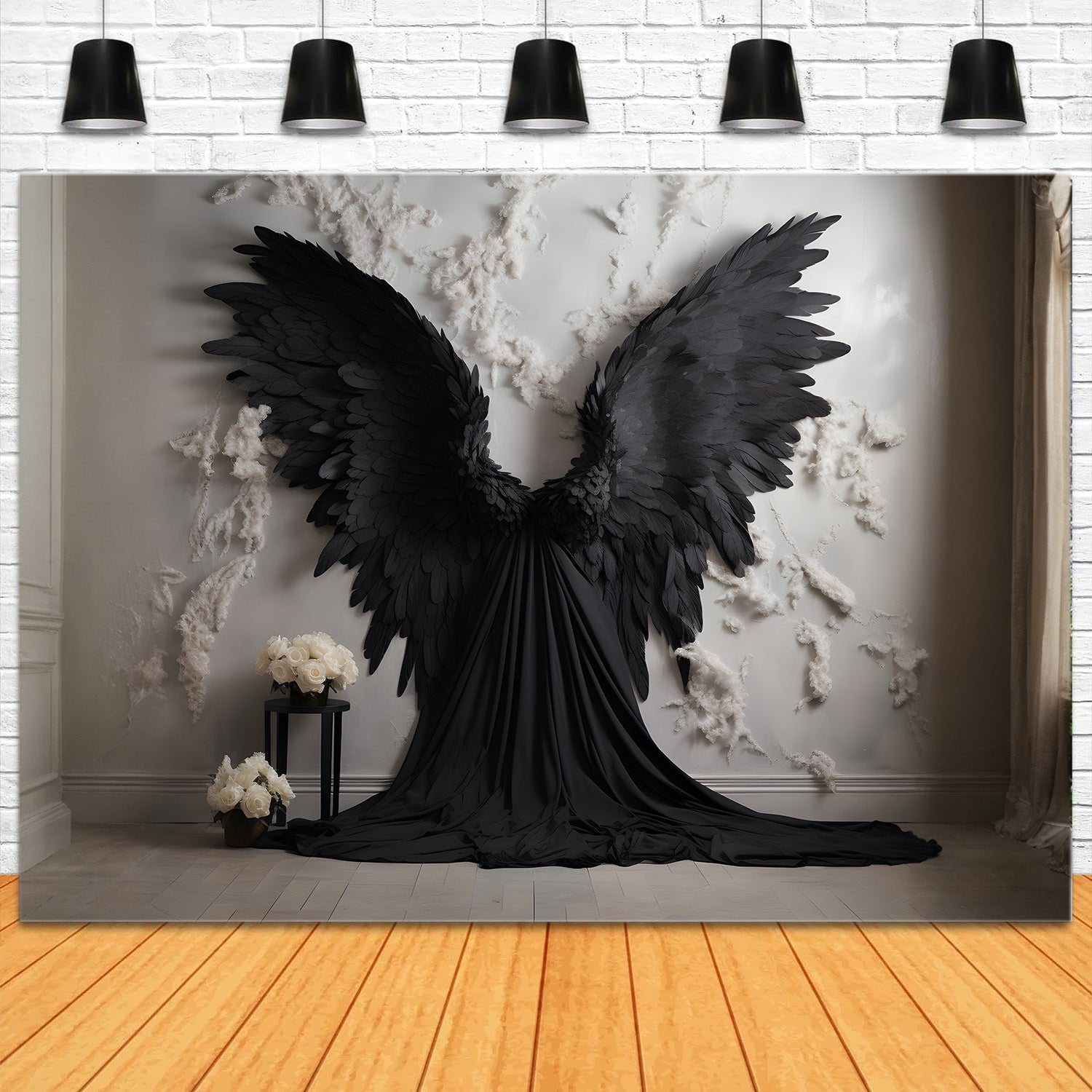 DBackdrop Weiße Wand Schwarze Flügel Weiße Rose Hintergrund RR4-32