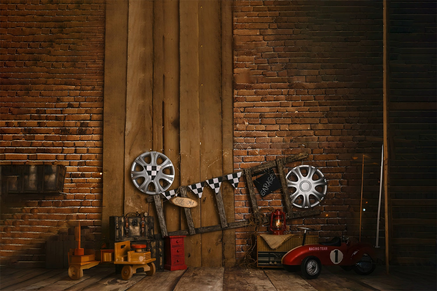 Vatertag Vintage Backsteinmauer Leiter Racing Reifen Kulisse RR5-1