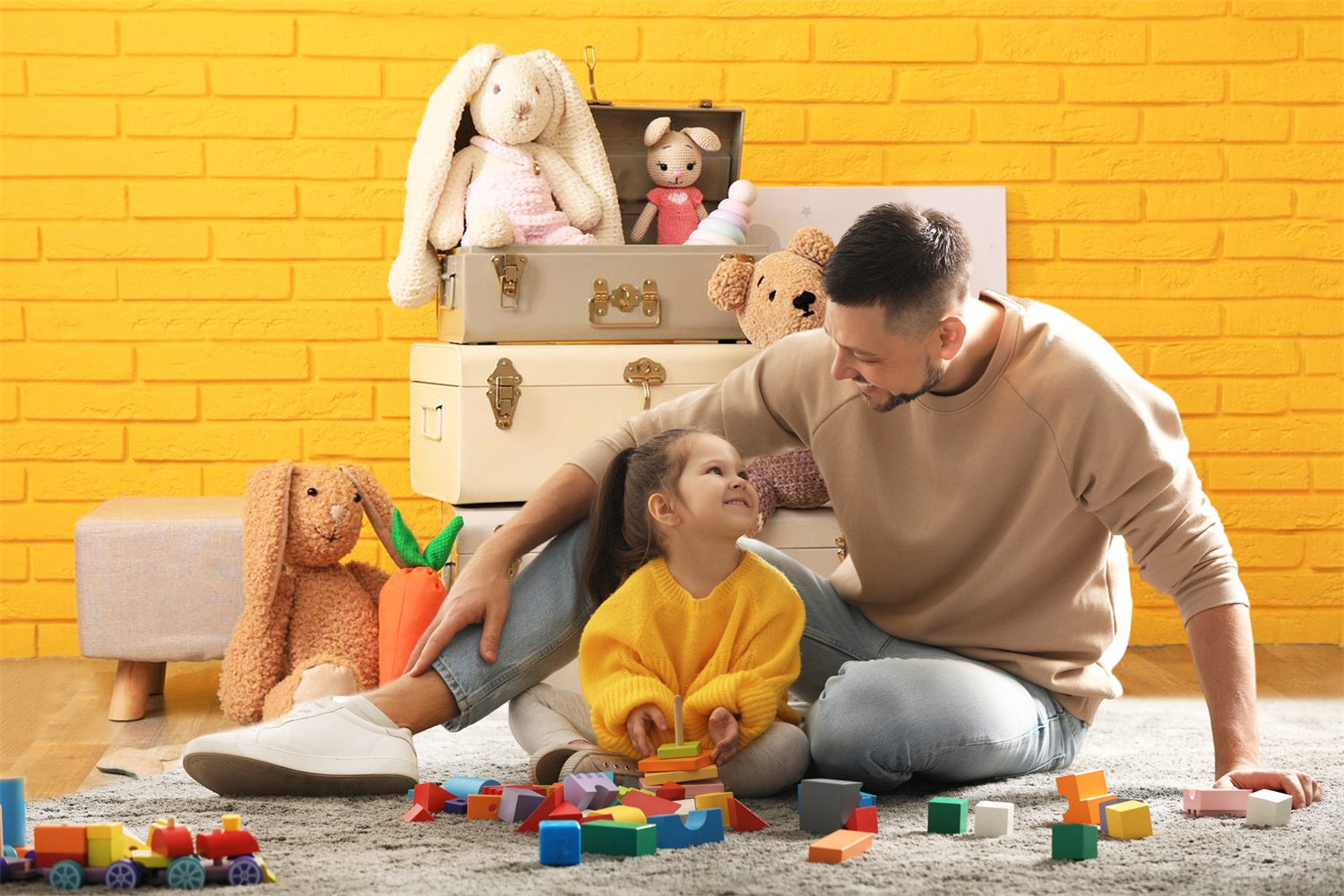 Niedliche gelbe Backsteinmauer Bunny Bear Doll Hintergrund RR5-12