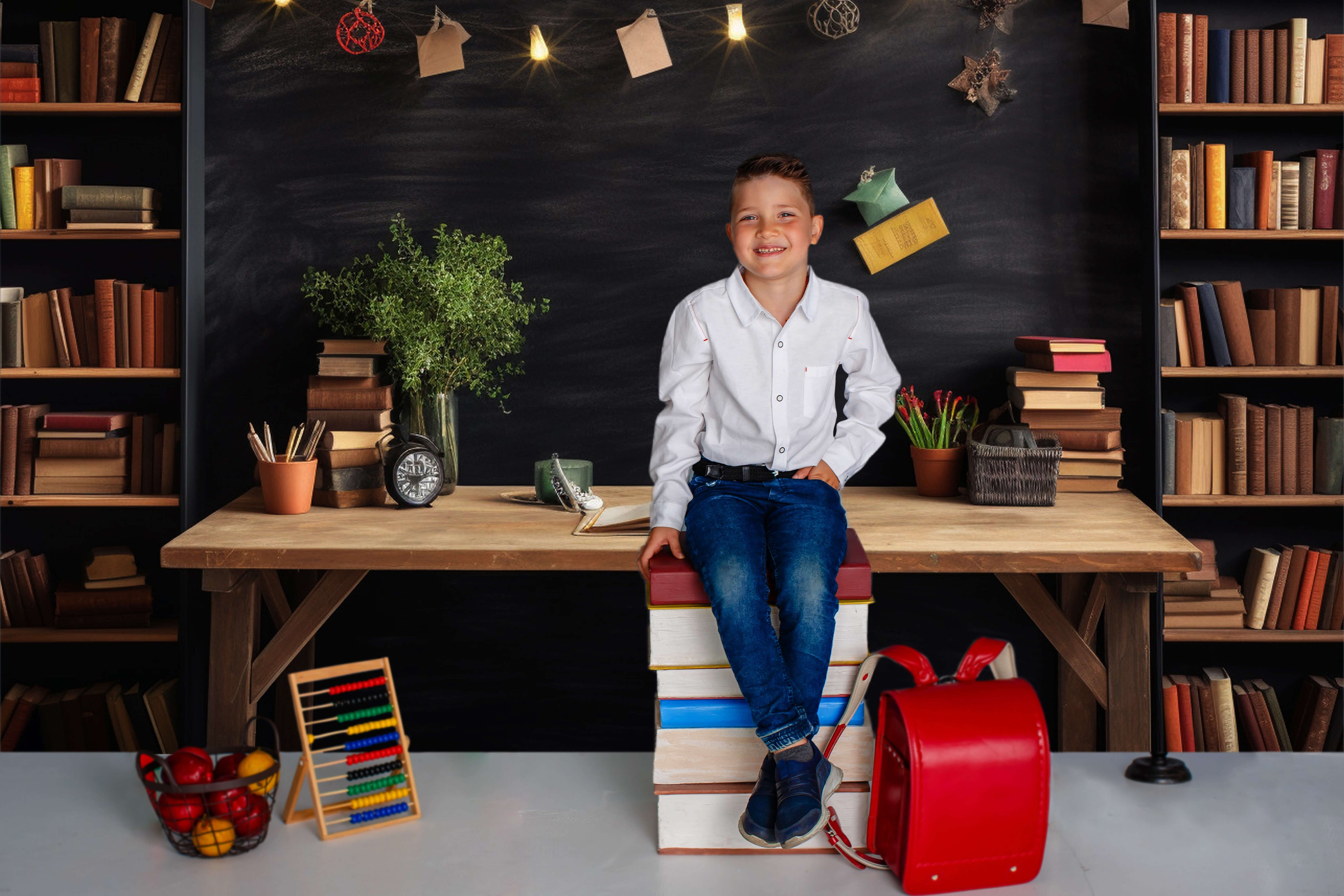 Bücherregal Schreibtisch Back to School Theme Fotografie Hintergrund RR6-34