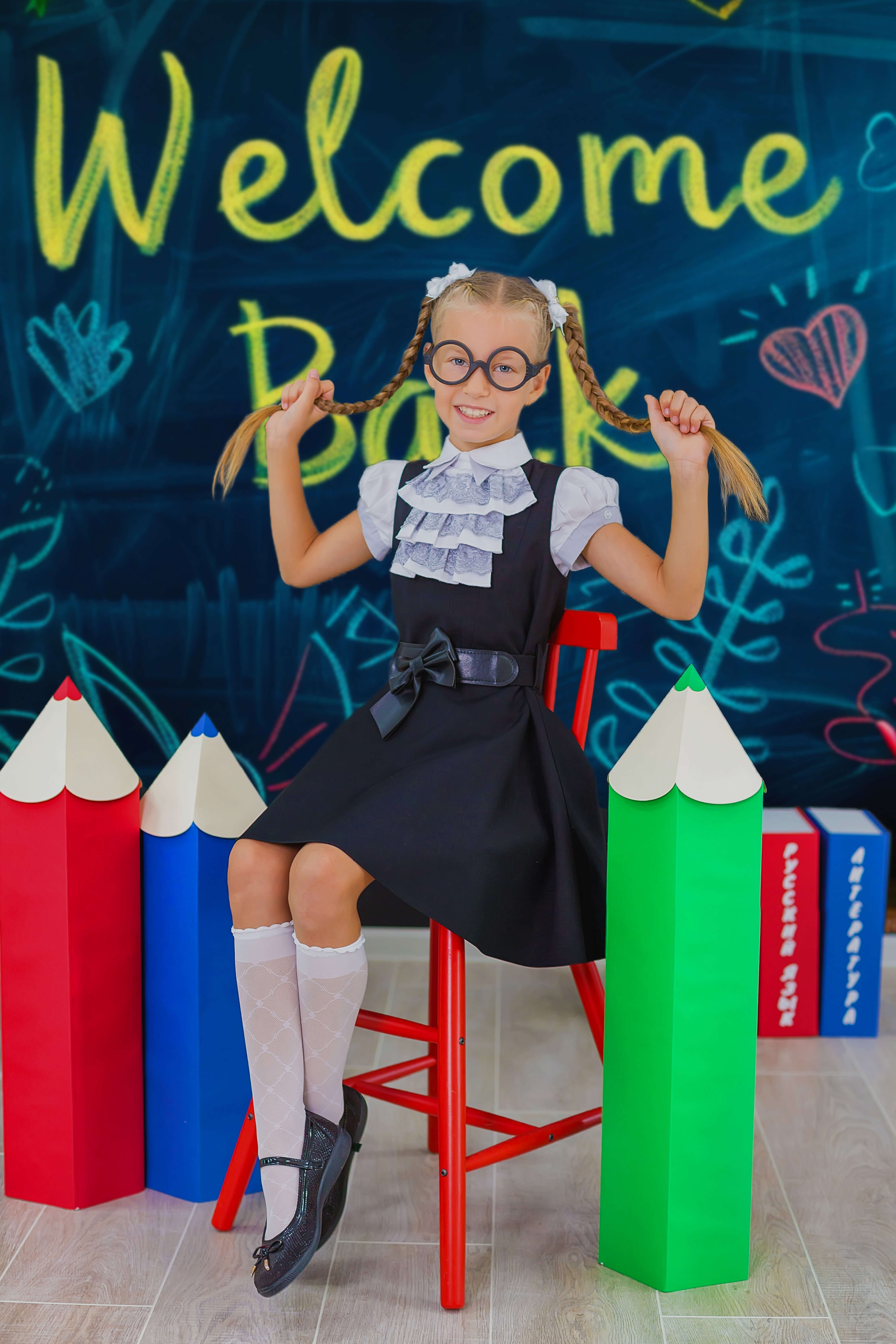 Back to School Farbige Kreidezeichnung Fotografie Hintergrund RR6-39