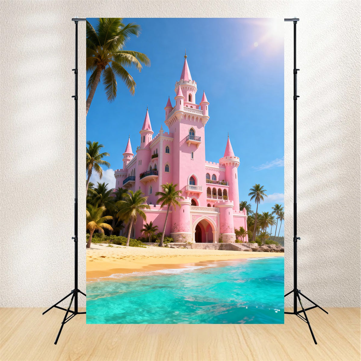 Strand-Hintergründe Rosa Schloss Palmen Sommer-Fotografie-Hintergrund RR61-11