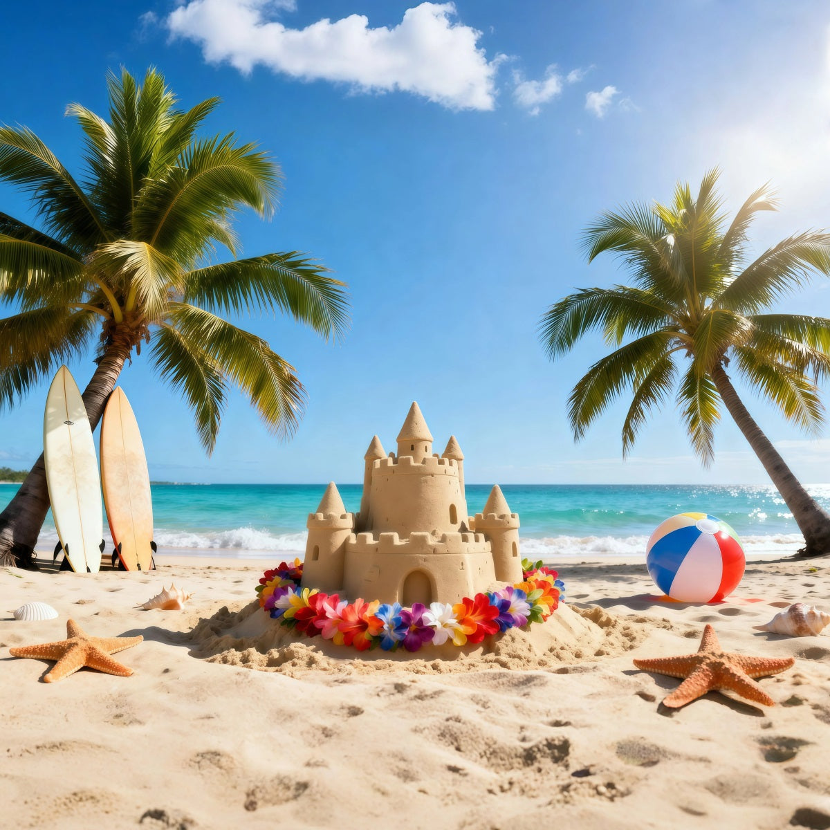 Strand-Hintergrund Bunte Sandburg Blumen Sommer-Hintergrund RR61-12