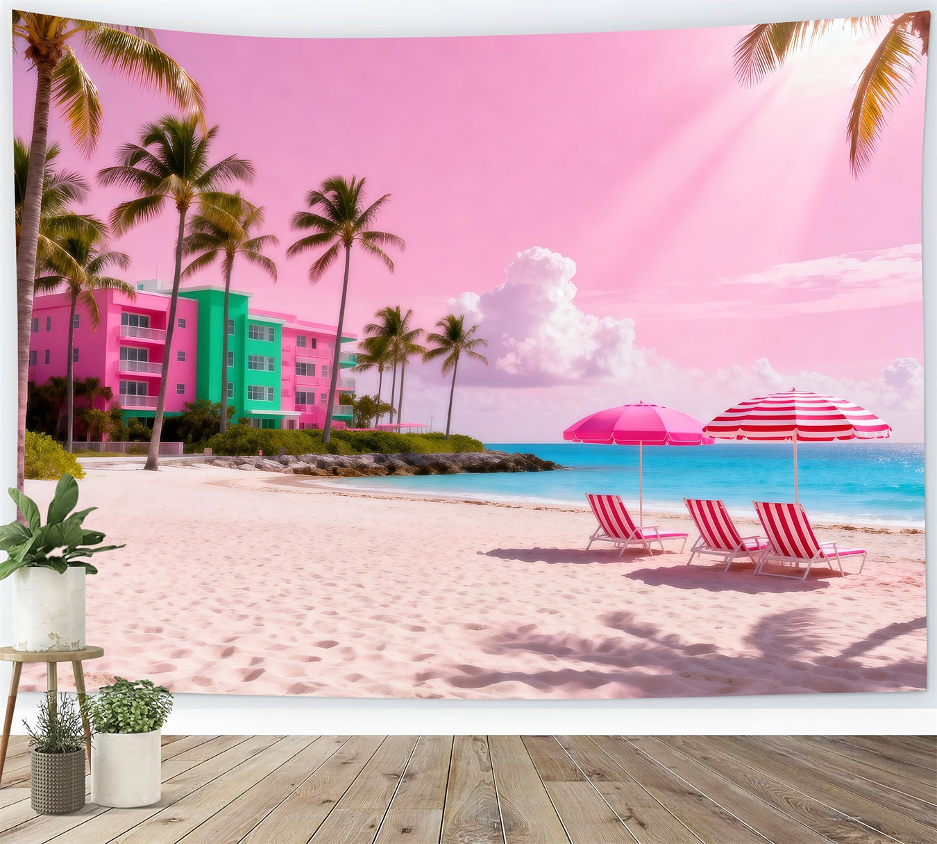 Fotohintergrund zum Thema Strand Rosa Sonnenschirm Rückzugsort Sommerhintergrund RR61-16