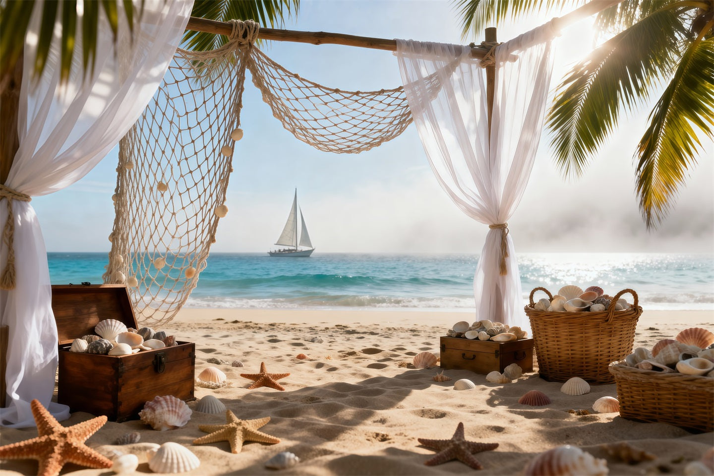Sandstrand-Hintergrund Bohemia Segelboot-Atmosphäre Seestern Sommer-Foto-Hintergründe RR61-32