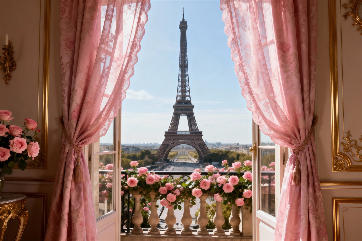 Paris-Hintergrund Rosa Vorhang Balkon Romantik Eiffelturm-Hintergrund RR61-34