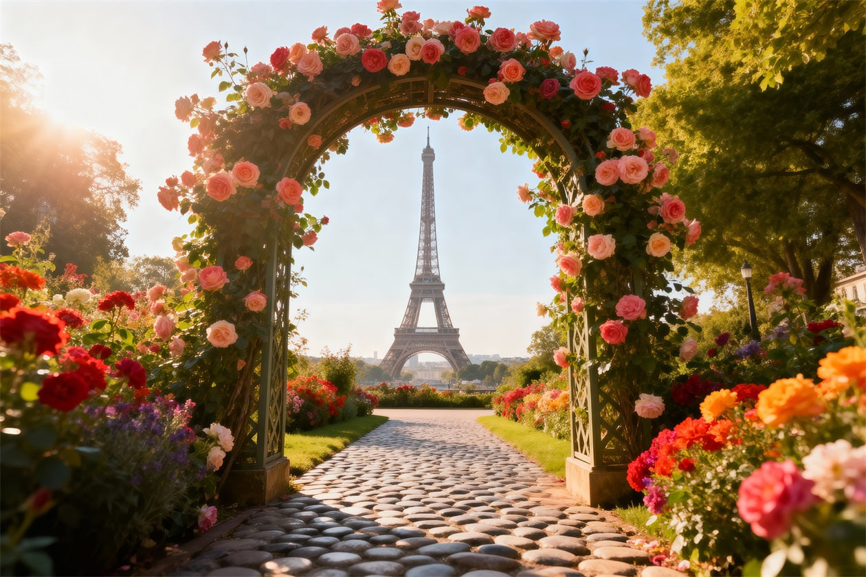 Paris-Fotohintergrund Rosengarten Blumenbogen Eiffelturm-Fotohintergrund RR61-35