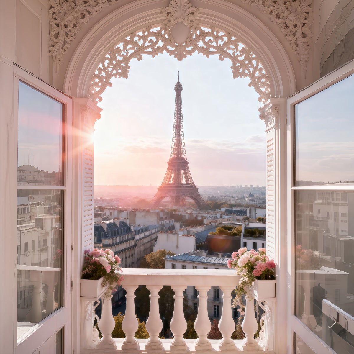 Paris-Motiv-Hintergründe Verzierter Bogen Balkon Sonnenaufgang Eiffelturm-Hintergründe RR61-42