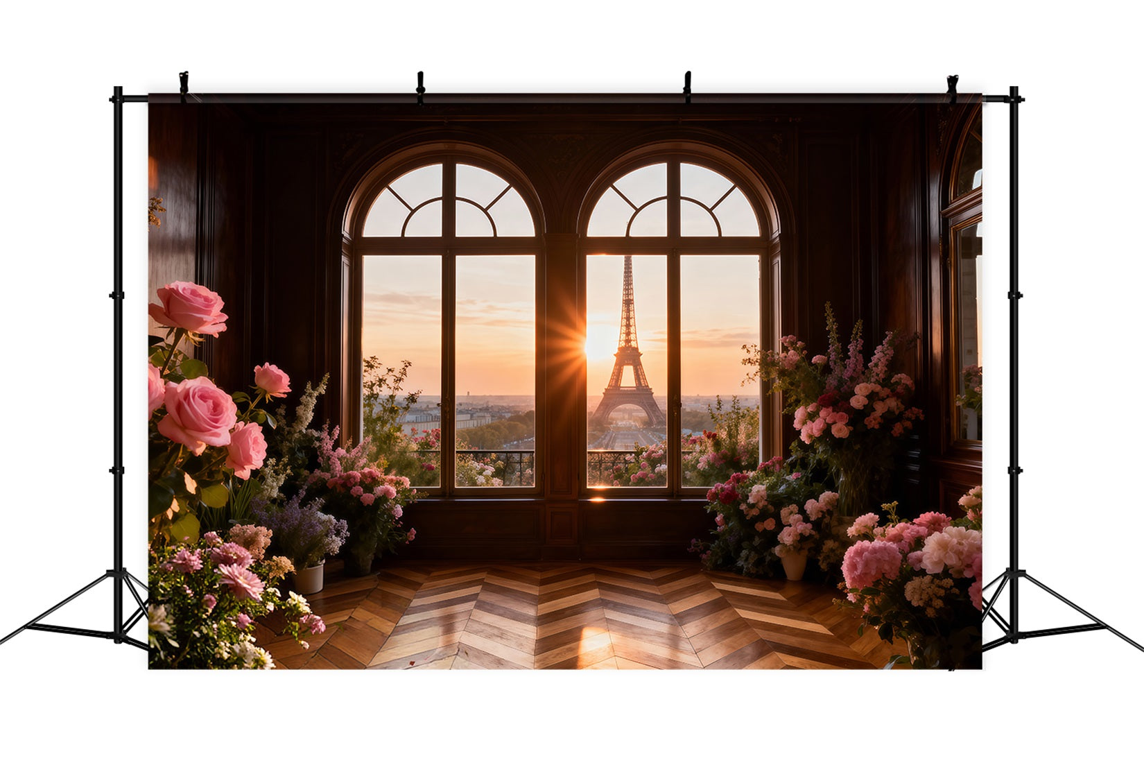 Paris-Fotokulisse Goldenes Fenster Blumen Sonnenuntergang Eiffelturm-Fotokulisse RR61-43