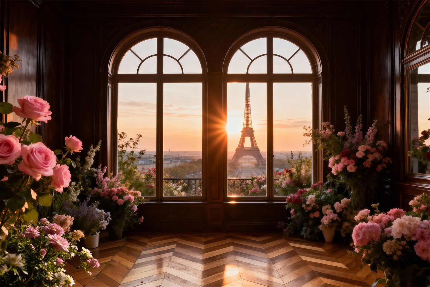 Paris-Fotokulisse Goldenes Fenster Blumen Sonnenuntergang Eiffelturm-Fotokulisse RR61-43