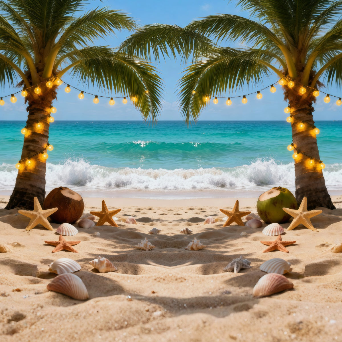 Strandthema-Hintergrund Nacht Palmen Lichterkette Sommer-Fotohintergründe RR61-5