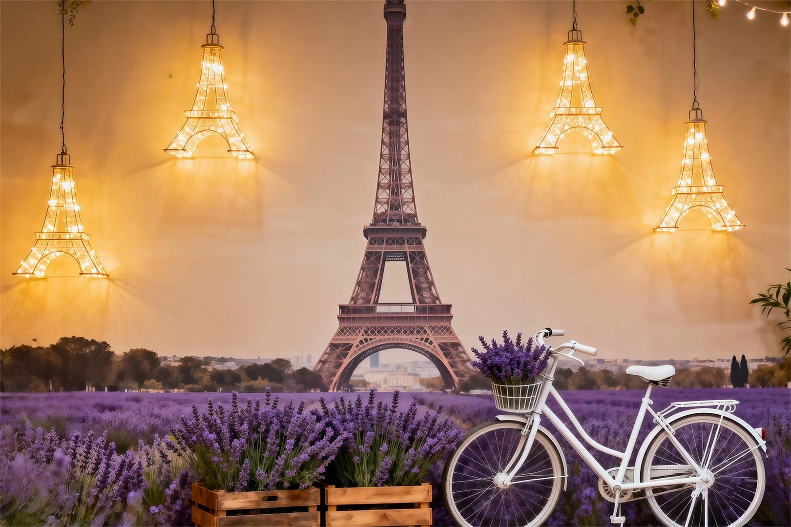 Eiffelturm-Fotohintergrund Lavendelfeld Fahrrad Glow Paris-Hintergründe RR61-51