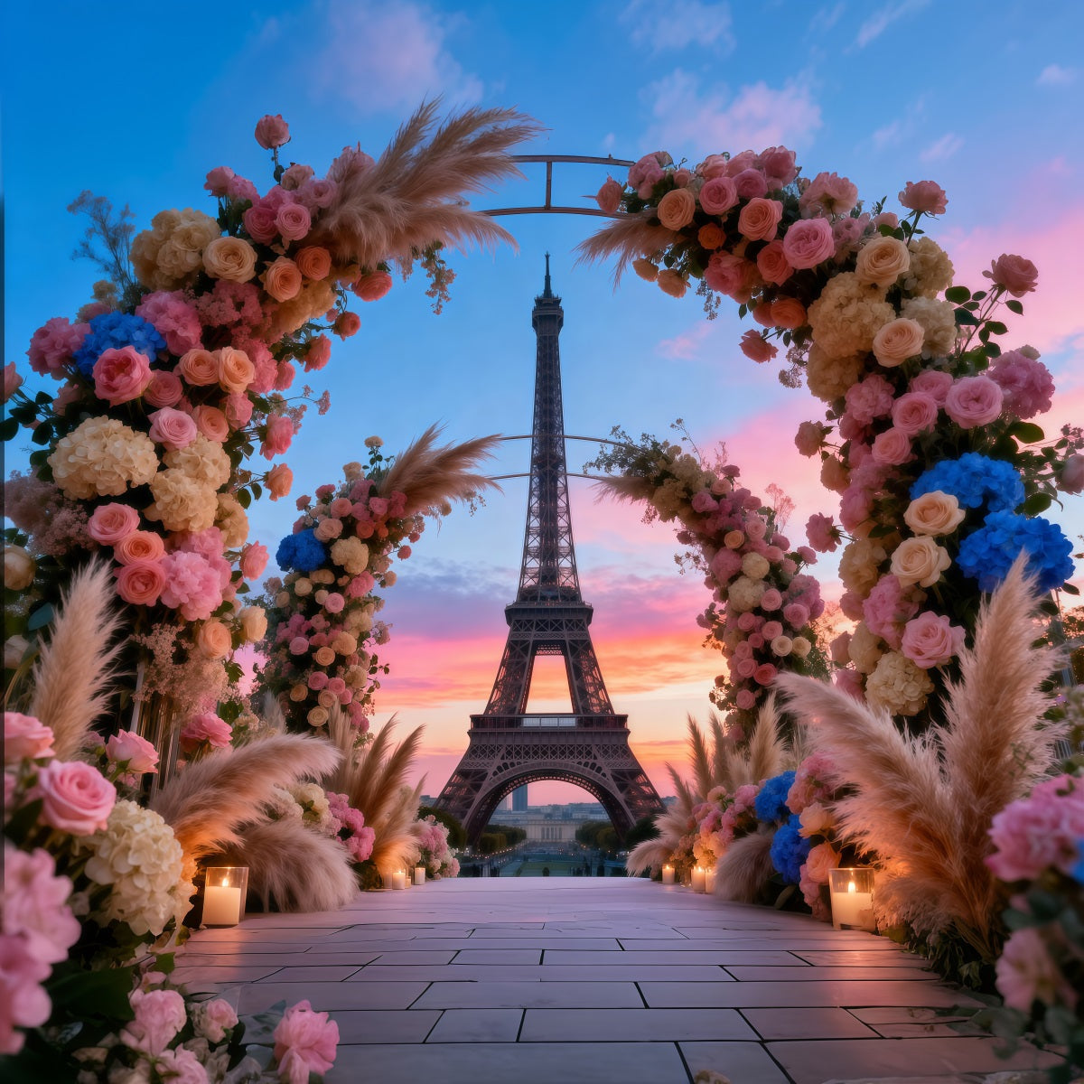 Kulisse mit Paris-Motiv Großer Blumenbogen im Boho-Stil Eiffelturm-Fotokulisse RR61-56