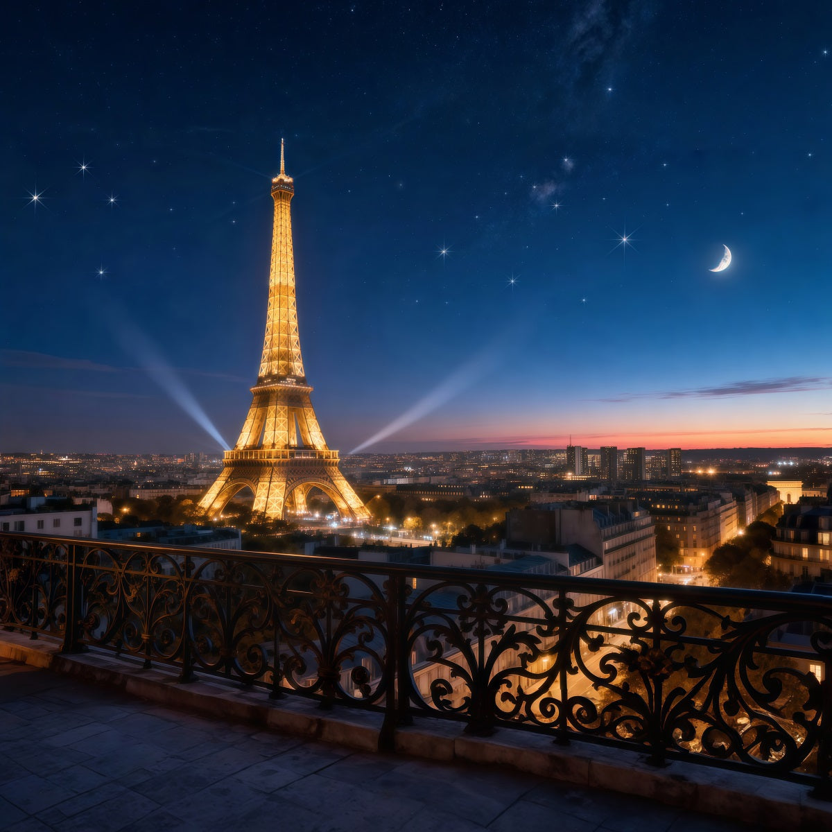 Midnight in Paris-Hintergrund Sternenhimmel Mondschein Eiffelturm-Fotohintergrund RR61-59