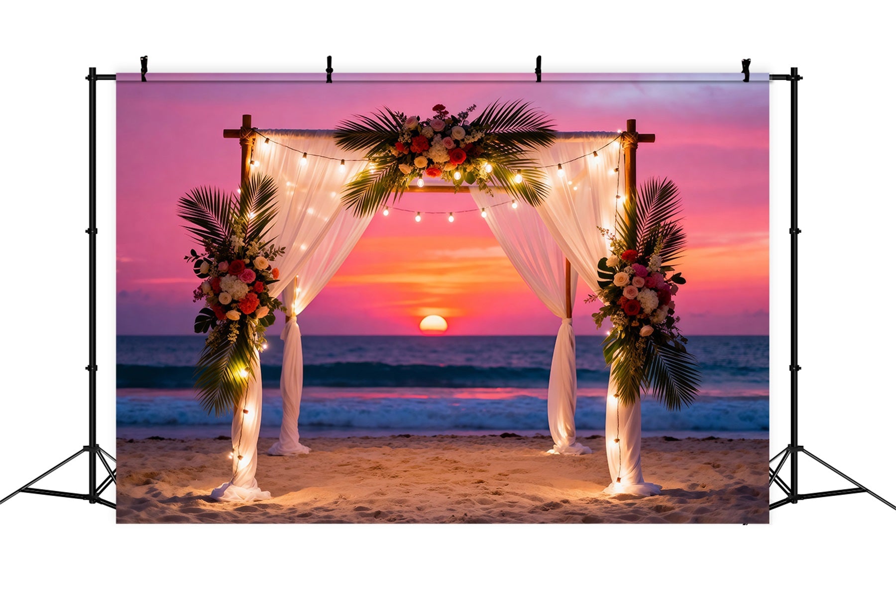 Sonnenuntergang am Strand Hintergrund Hochzeitsblumenbogen Vorhänge Sommer-Fotokabinenhintergrund RR61-6